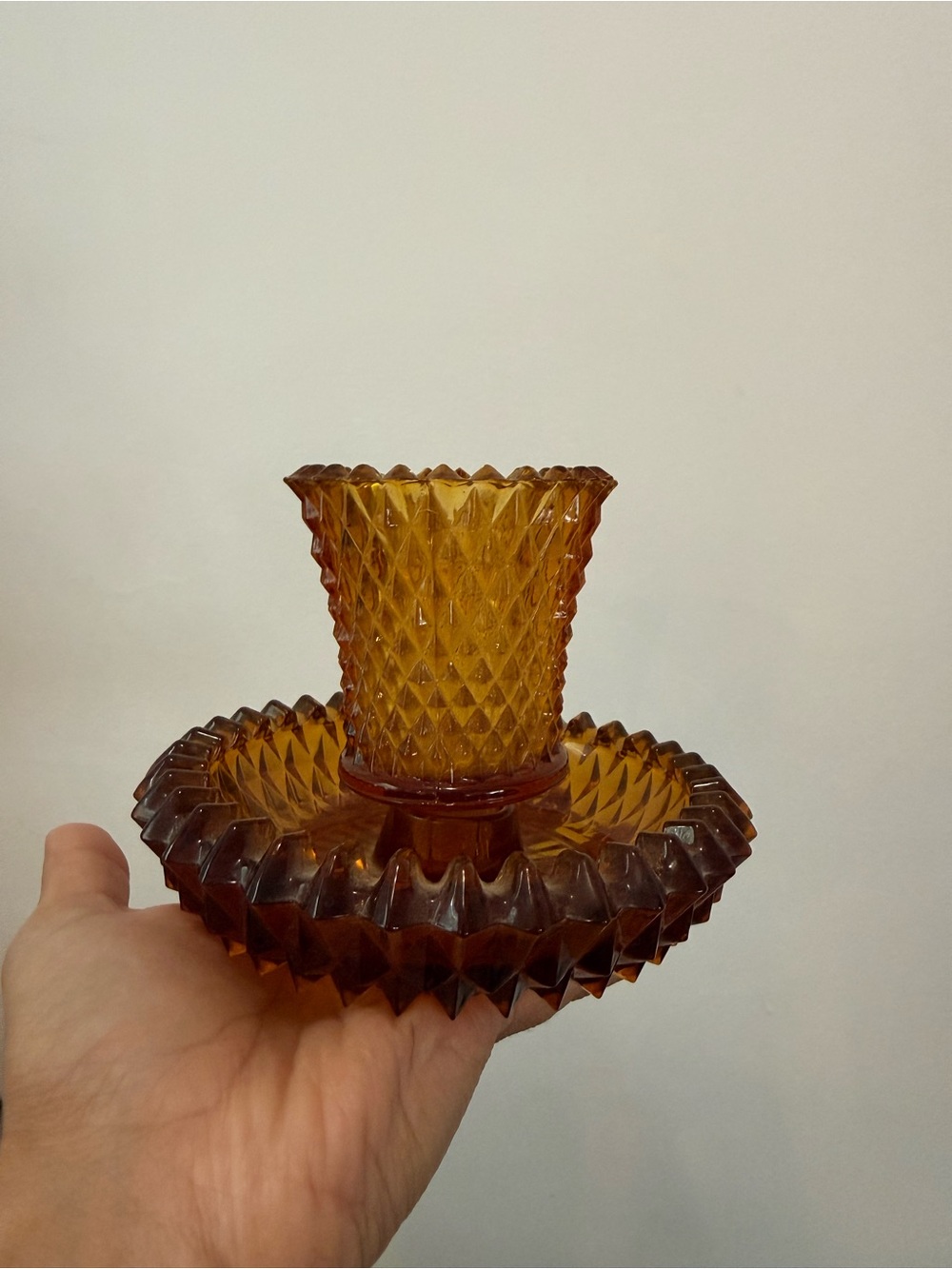 Vintage Indiana Glass Amber Diamond Point Votive Peg Candle Holder with Base
